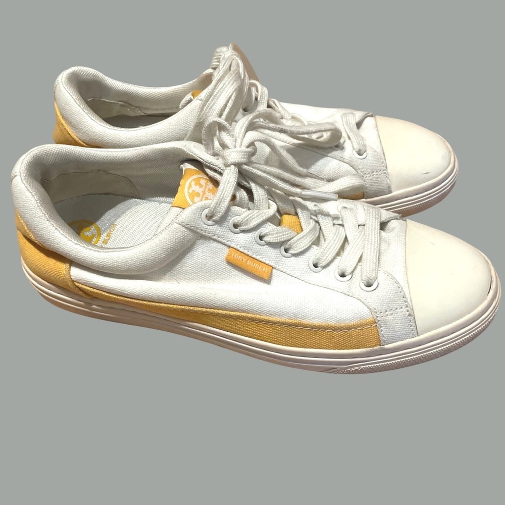 Tory Burch Classic Court Canvas Sneaker 9.5 womens Ivory White Canvas Yellow